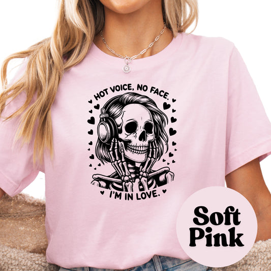 Hot Voice No Face Shirt, Smutty romance Narrator Tee – Skeleton Headphones Top – Booktok Shirt – Audio Lover Gift – Romance Tropes Shirt