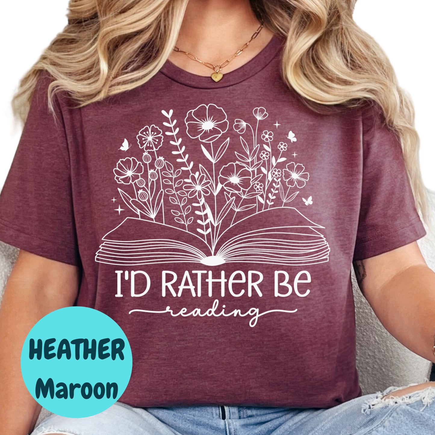 I'd Rather Be Reading Shirt – Floral Book Lover Tee – Aesthetic Reader Gift – Cute Literary Shirt – Heather Charcoal T-Shirt for Bookworms
