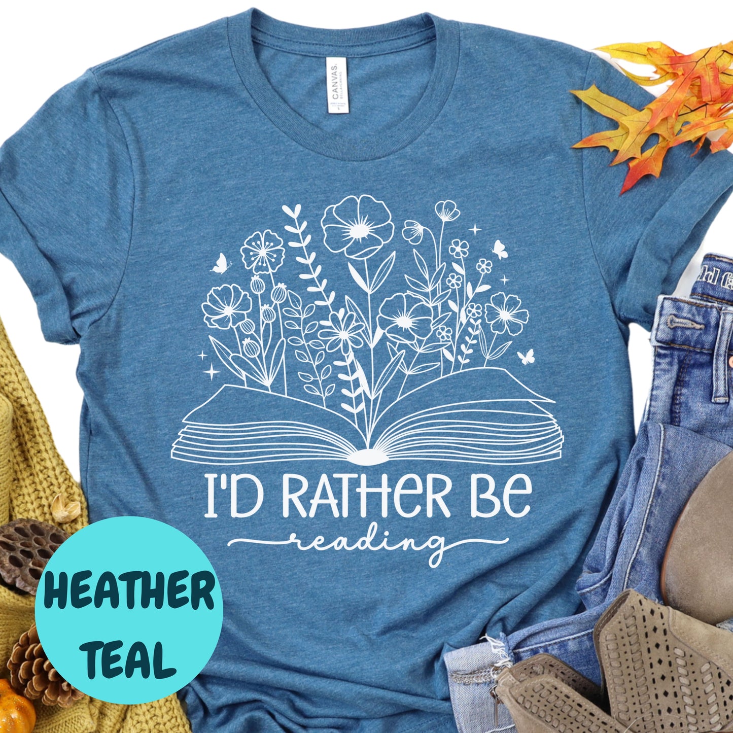 I'd Rather Be Reading Shirt – Floral Book Lover Tee – Aesthetic Reader Gift – Cute Literary Shirt – Heather Charcoal T-Shirt for Bookworms