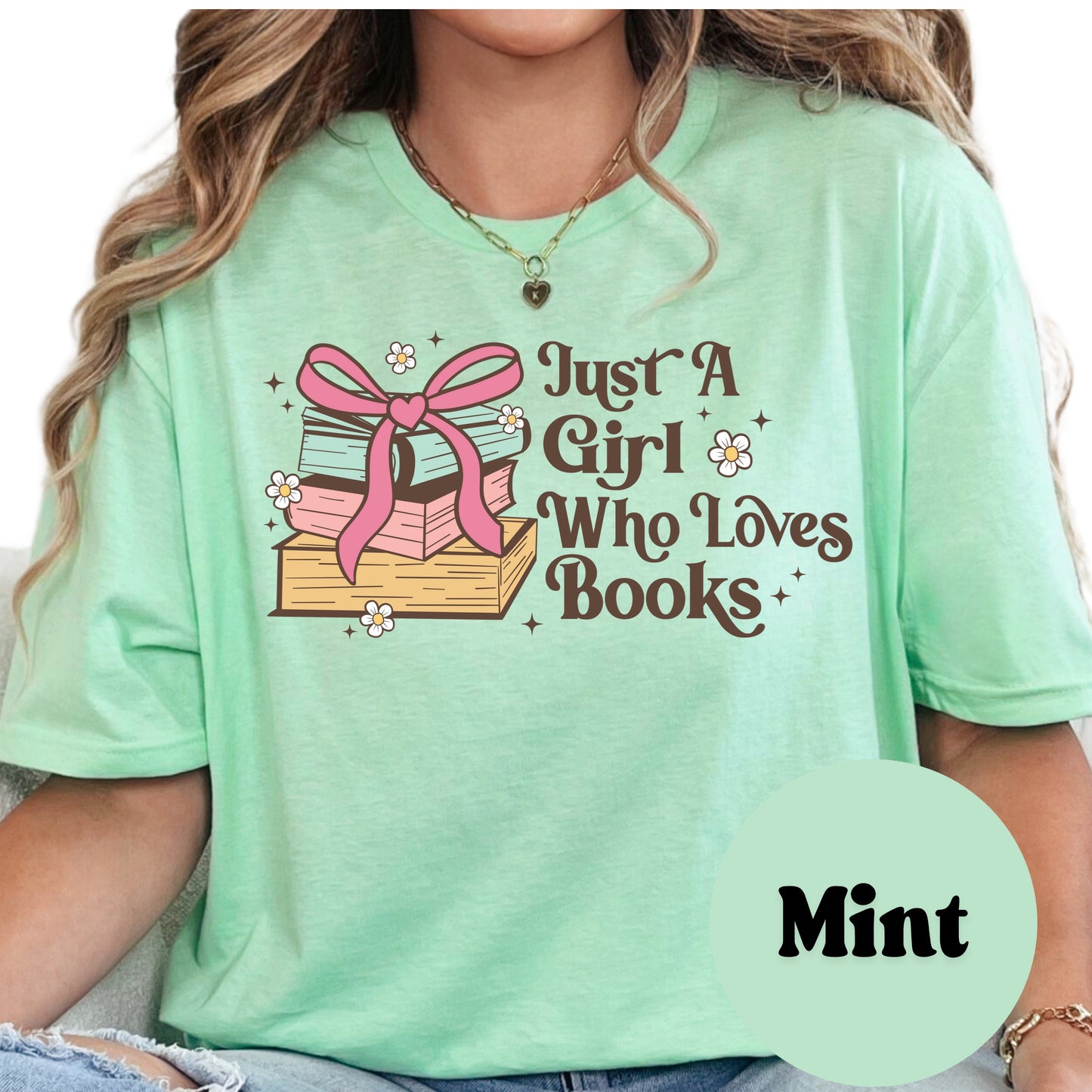 Just a Girl Who Loves Books Shirt – Cute Book Lover Tee – Retro Book Stack Shirt – Girly Bookworm Gift – Reading Graphic Top