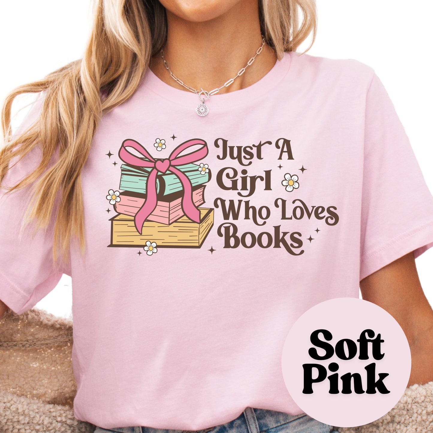 Just a Girl Who Loves Books Shirt – Cute Book Lover Tee – Retro Book Stack Shirt – Girly Bookworm Gift – Reading Graphic Top