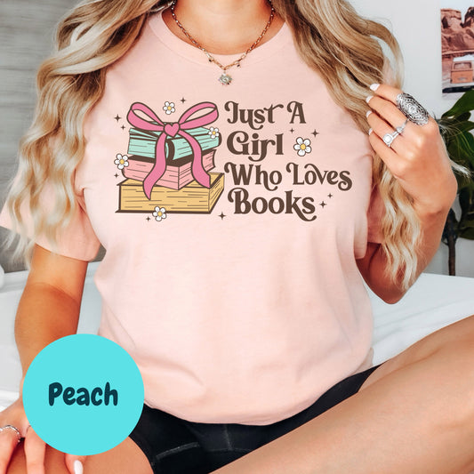 Just a Girl Who Loves Books Shirt – Cute Book Lover Tee – Retro Book Stack Shirt – Girly Bookworm Gift – Reading Graphic Top