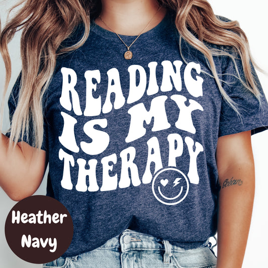 Reading Is My Therapy Shirt – Groovy Book Lover Tee – Mental Health Reading Shirt – Retro Reader Shirt – Therapy Through Books Gift