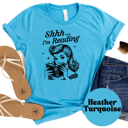 Shhh I'm Reading Shirt – Retro Book Lover Tee – Vintage Reading Graphic Shirt – Quiet Time Book Tee – Pinup Style Reader Gift