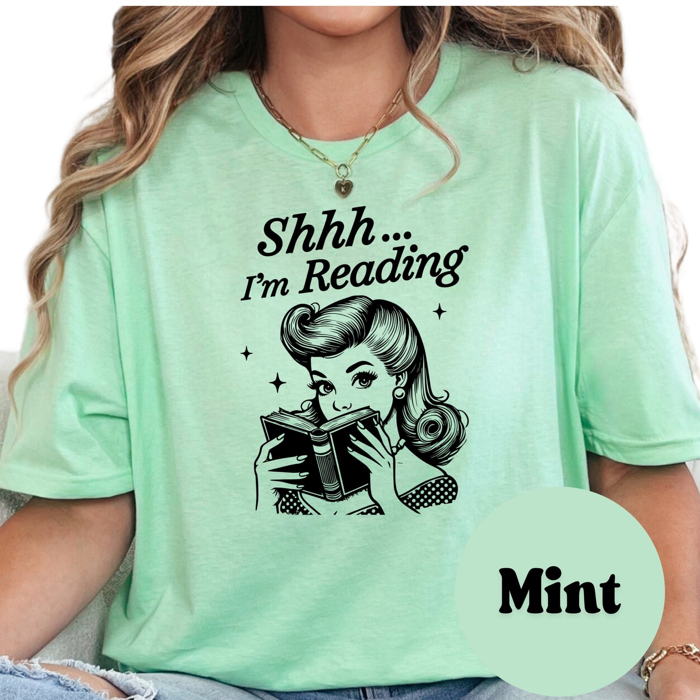Shhh I'm Reading Shirt – Retro Book Lover Tee – Vintage Reading Graphic Shirt – Quiet Time Book Tee – Pinup Style Reader Gift
