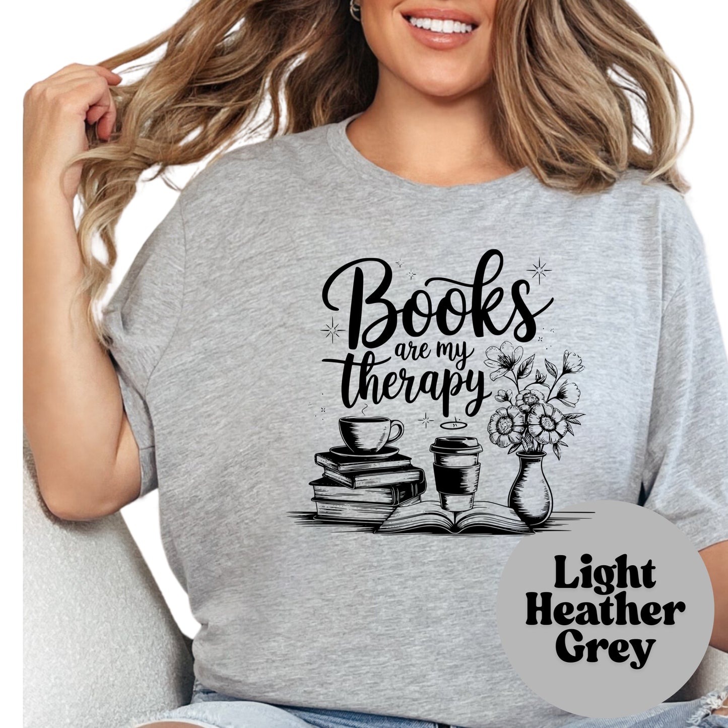 Books Are My Therapy Shirt – Book Lover Graphic Tee – Coffee and Books Reading Shirt – Bookish Self Care Gift – Literary Escape Tee
