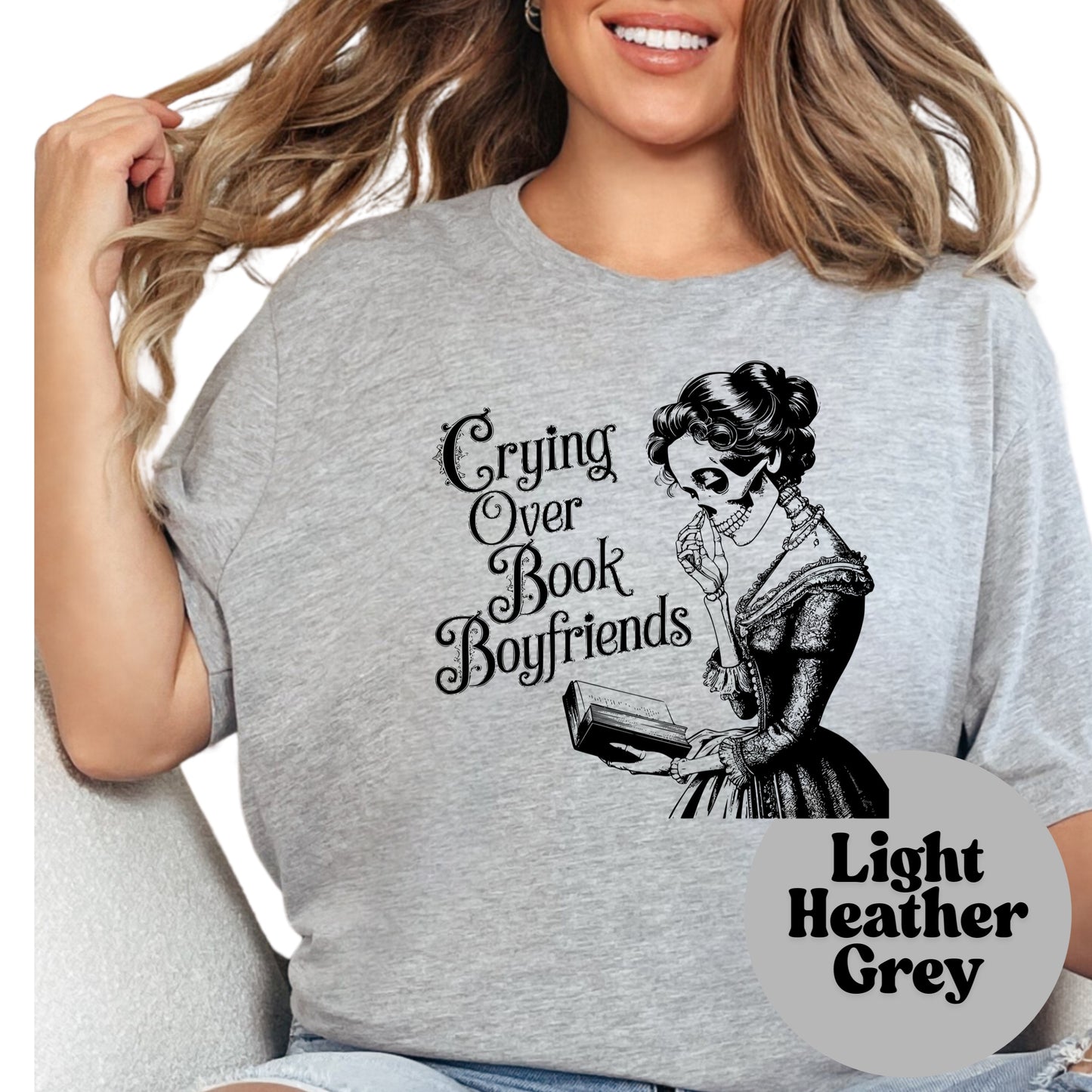Crying Over Book Boyfriends Shirt – Funny Bookish Skull Tee – Spicy Romance Book Shirt – Book Lover Gift for Romance Readers – Dark Book Humor Tee