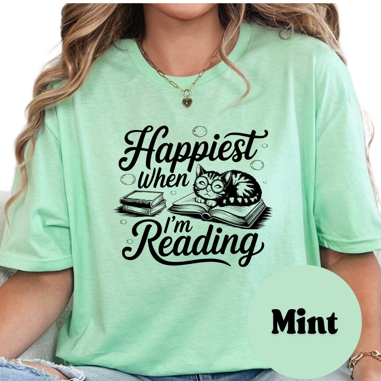 Happiest When I’m Reading Shirt – Cat Book Lover Tee – Cute Bookish Shirt for Readers – Cozy Reading Gift – Bookworm Life Shirt