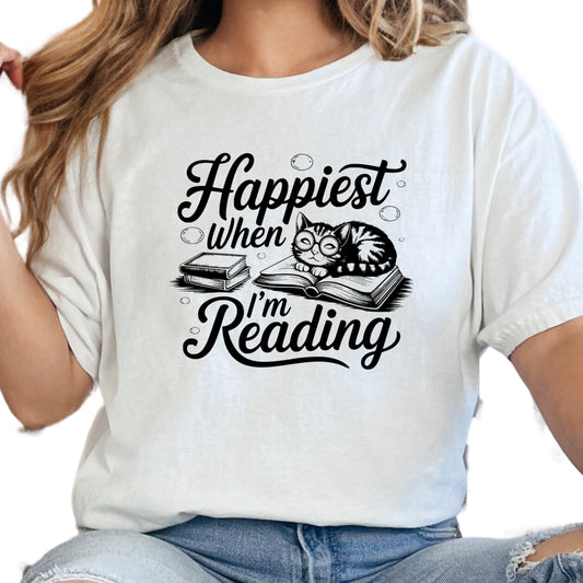 Happiest When I’m Reading Shirt – Cat Book Lover Tee – Cute Bookish Shirt for Readers – Cozy Reading Gift – Bookworm Life Shirt