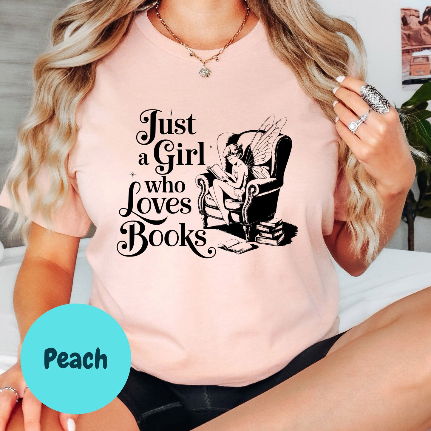 Just a Girl Who Loves Books Shirt – Fairy Book Lover Tee – Whimsical Bookish Graphic Tee – Cozy Fantasy Reader Shirt – Cute Gift for Readers