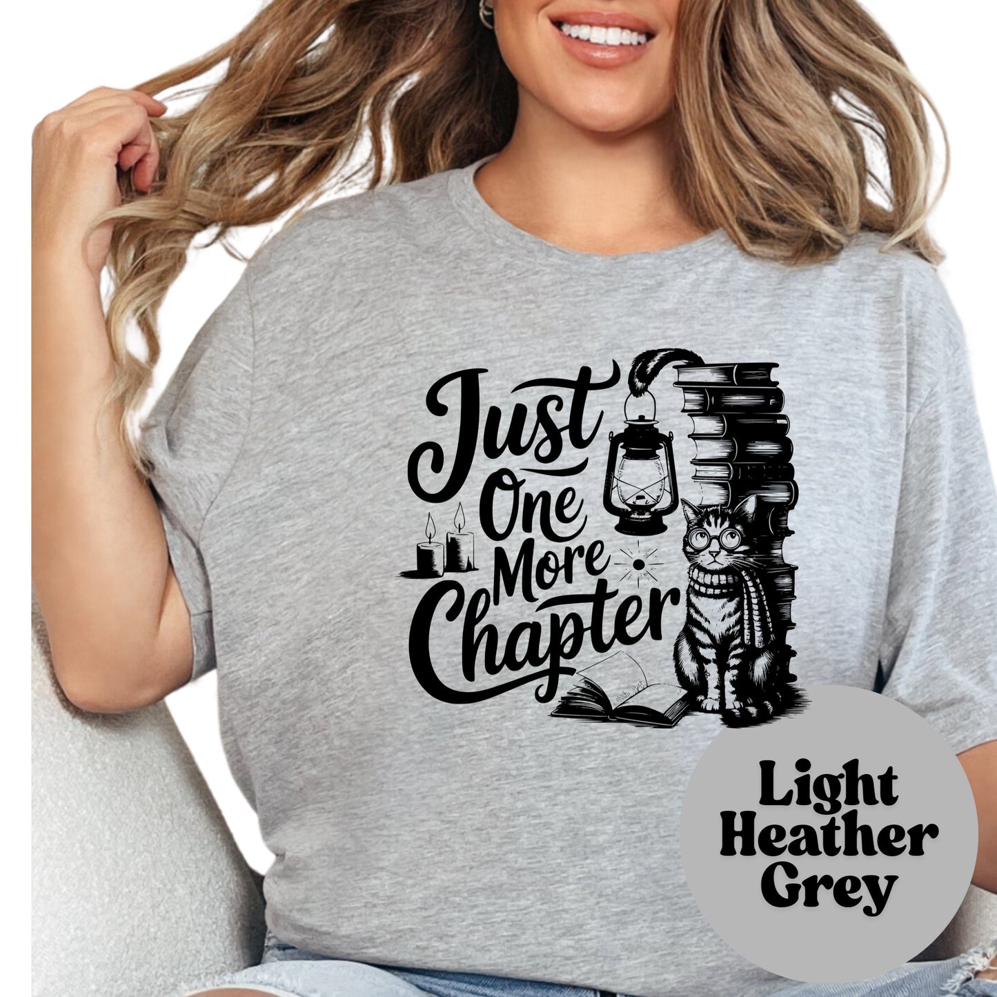 Just One More Chapter Shirt – Book Lover Tee with Cat – Funny Bookworm Graphic Tee – Cozy Reader Shirt – Cute Gift for Book Addicts