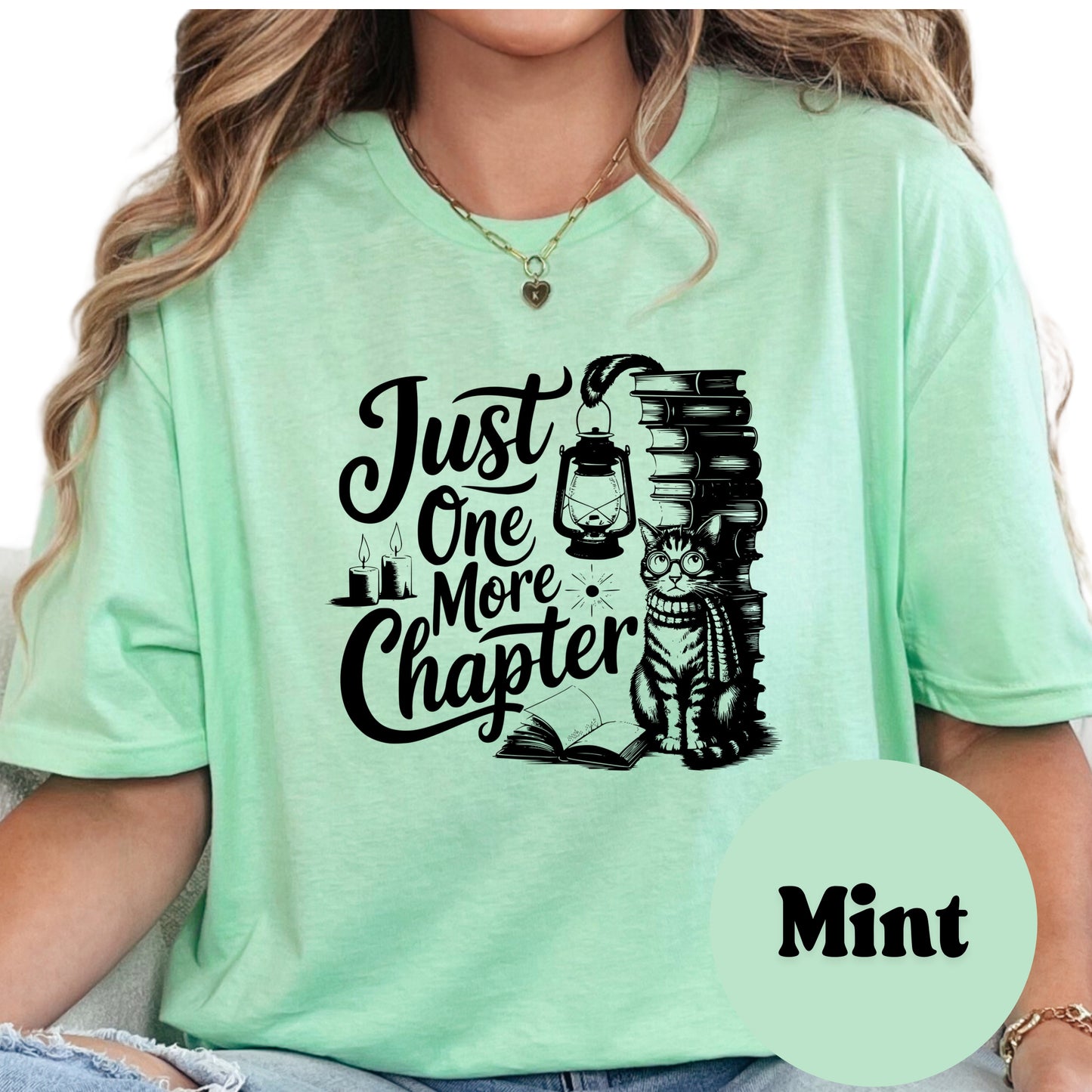 Just One More Chapter Shirt – Book Lover Tee with Cat – Funny Bookworm Graphic Tee – Cozy Reader Shirt – Cute Gift for Book Addicts