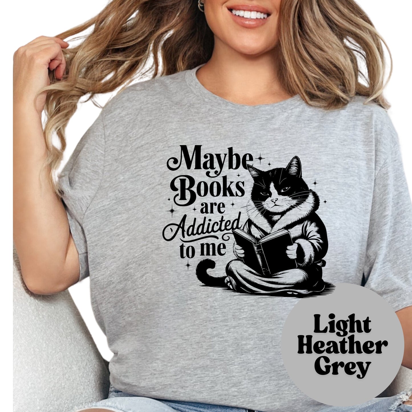 Maybe Books Are Addicted to Me Shirt – Funny Cat Reader Tee – Bookish Cat Shirt – Reading Lover Gift – Introvert Humor Tee
