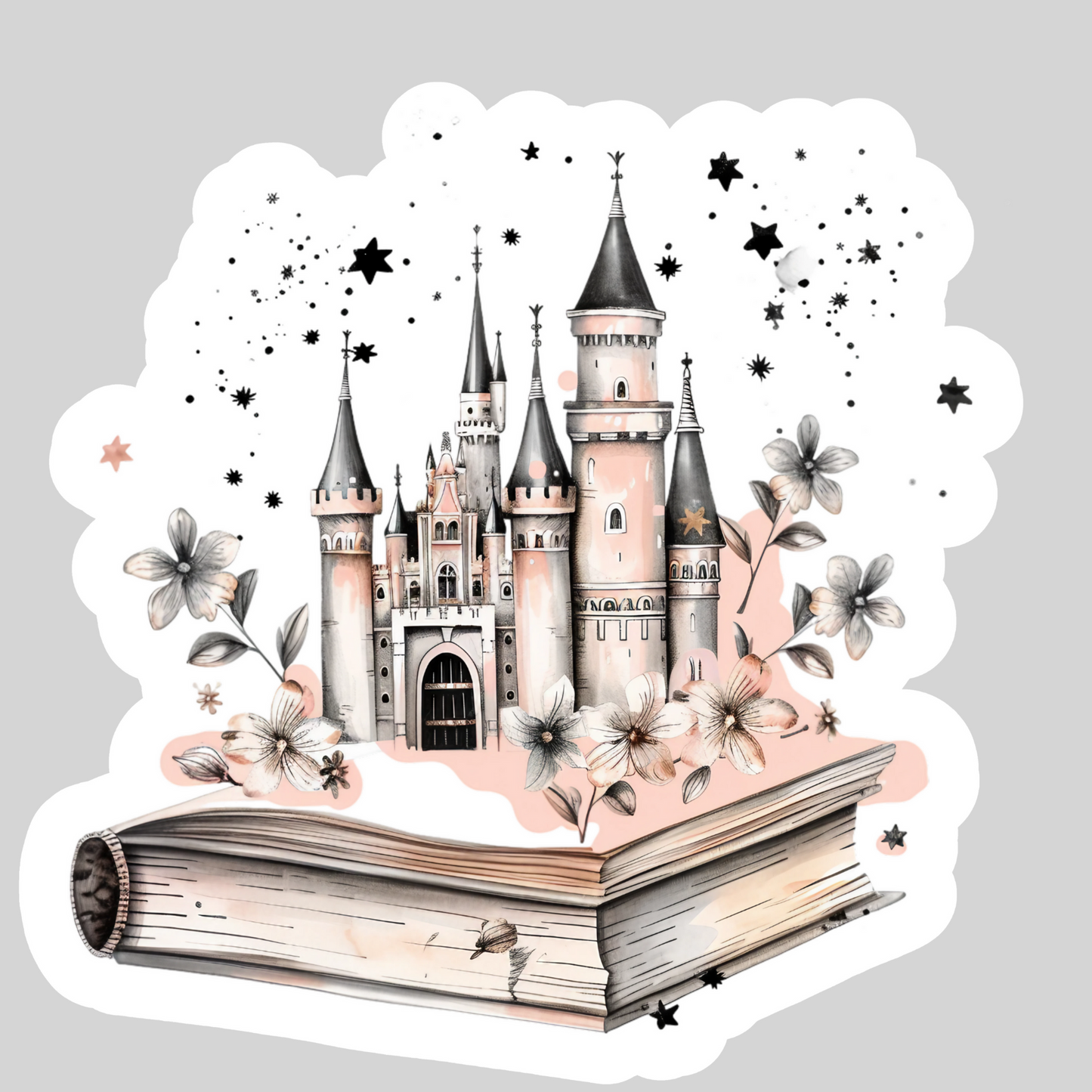 Watercolor Books and Castle  – 3" Waterproof Bookish Sticker with Holo Overlay – Reading, Books, Reader Gift, Book Lover