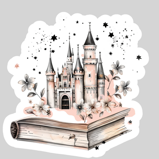 Watercolor Books and Castle  – 3" Waterproof Bookish Sticker with Holo Overlay – Reading, Books, Reader Gift, Book Lover