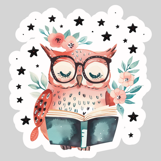 Watercolor Owl Reading – 3" Waterproof Bookish Sticker with Holo Overlay – Reading, Books, Reader Gift, Book Lover