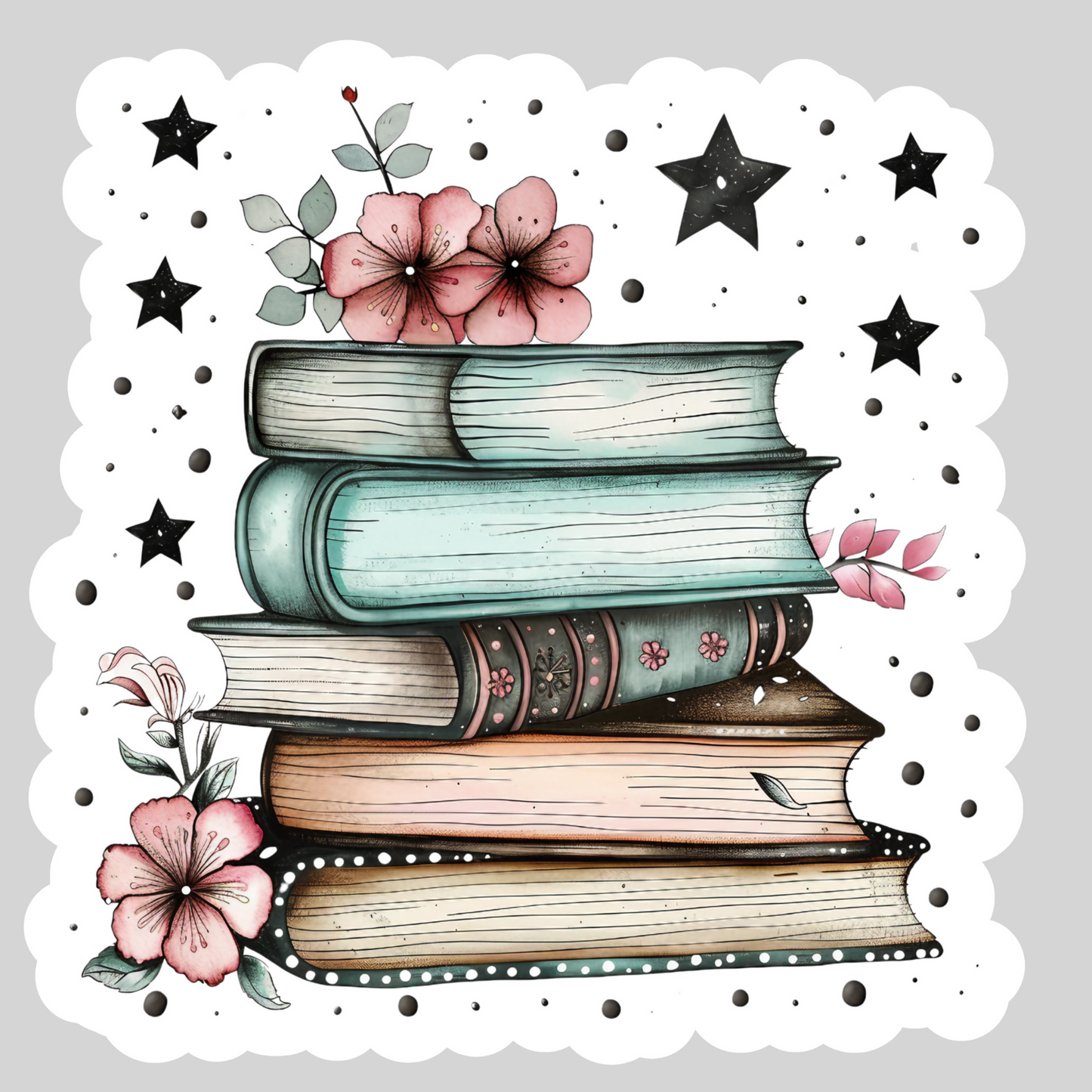 Book Stacks with Flowers Watercolor – 3" Waterproof Bookish Sticker with Holo Overlay – Reading, Books, Reader Gift, Book Lover