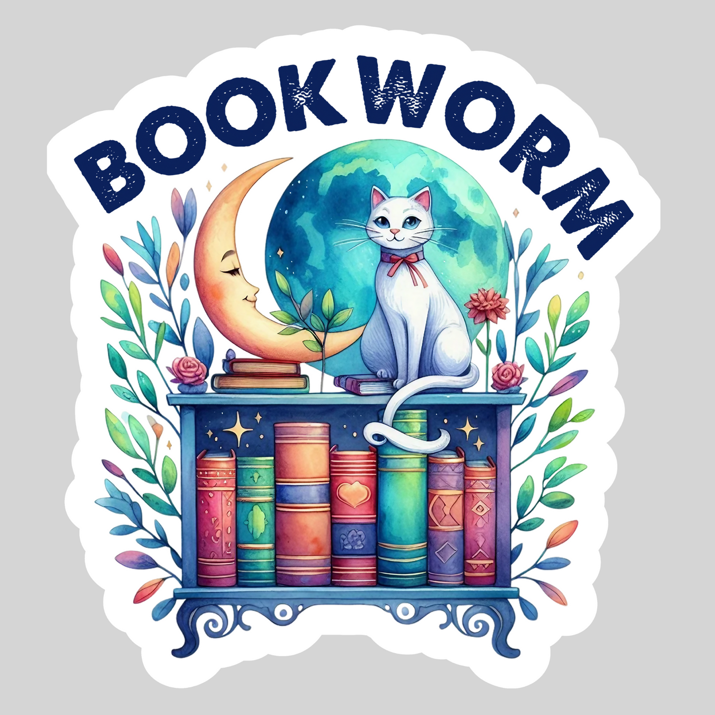 Bookworm, Cats, Bookstacks  – 3" Waterproof Bookish Sticker with Holo Overlay – Reading, Books, Reader Gift, Book Lover