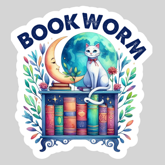 Bookworm, Cats, Bookstacks – 3" Waterproof Bookish Sticker with Holo Overlay – Reading, Books, Reader Gift, Book Lover