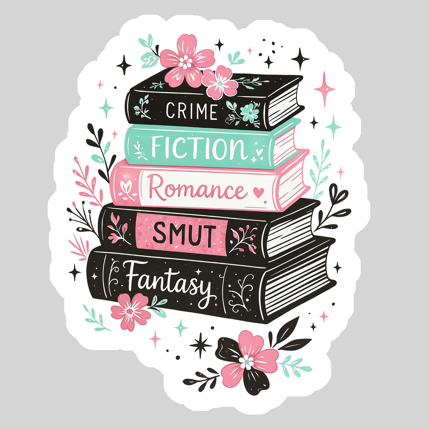 Crime Fiction Romance Smut Fantasy Book Stack – 3" Waterproof Bookish Sticker with Holo Overlay – Reading, Books, Reader Gift, Book Lover