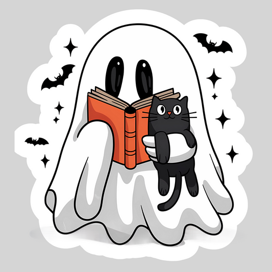 Reading Ghost With Book And Kitty Cat – 3" Waterproof Bookish Sticker with Holo Overlay – Reading, Books, Reader Gift, Book Lover