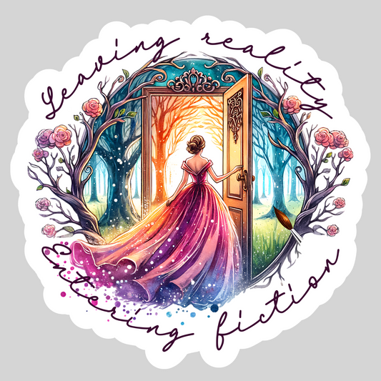 Leaving Reality Entering Fiction - Girl with Dress – 3" Waterproof Bookish Sticker with Holo Overlay – Reader Gift, Book Lover