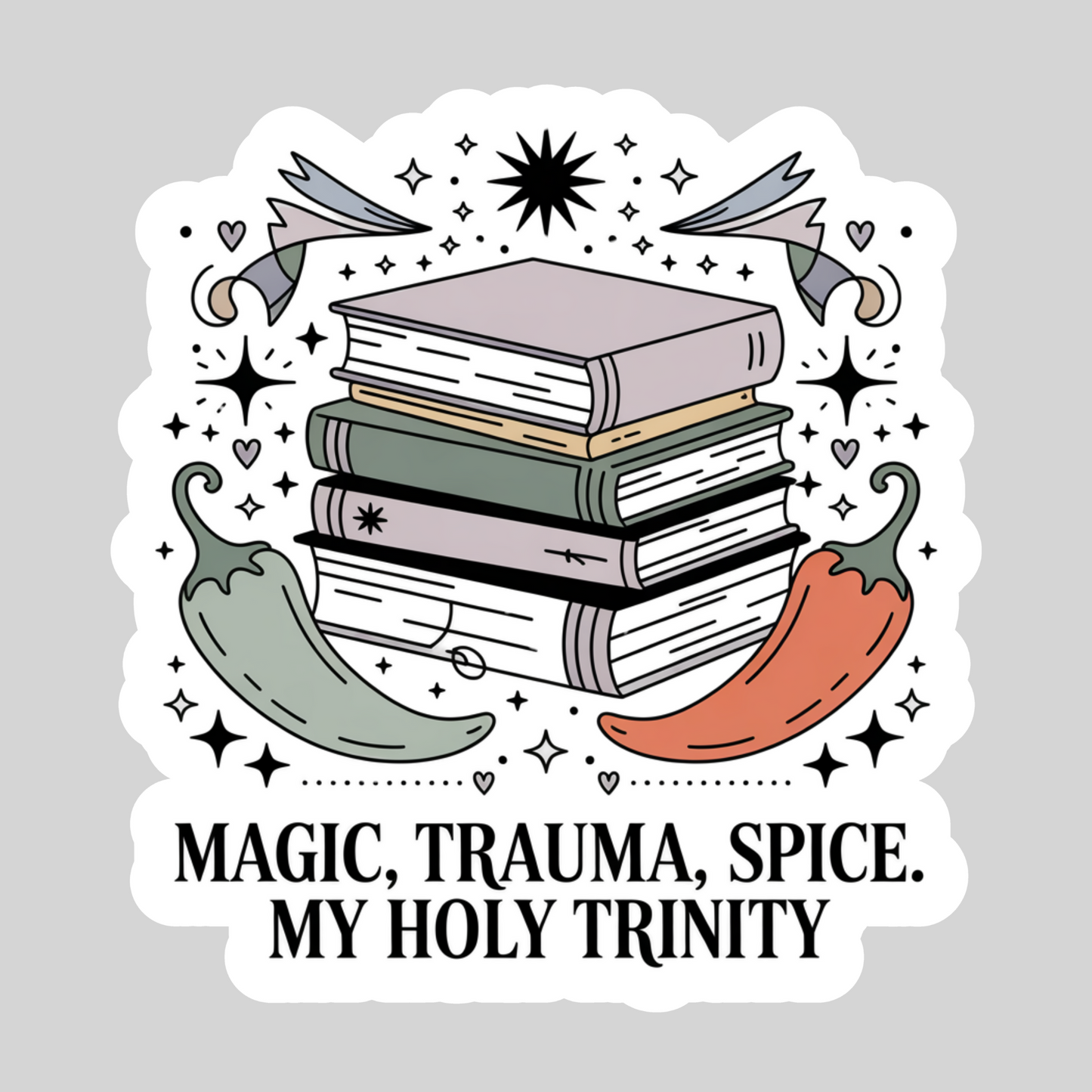 Magic Trauma Spice My Holy Trinity – 3" Waterproof Bookish Sticker with Holo Overlay – Reading, Books, Reader Gift, Book Lover