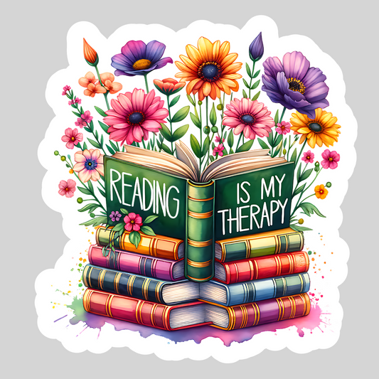 Reading is My Therapy Floral Books – 3" Waterproof Bookish Sticker with Holo Overlay – Reading, Books, Reader Gift, Book Lover