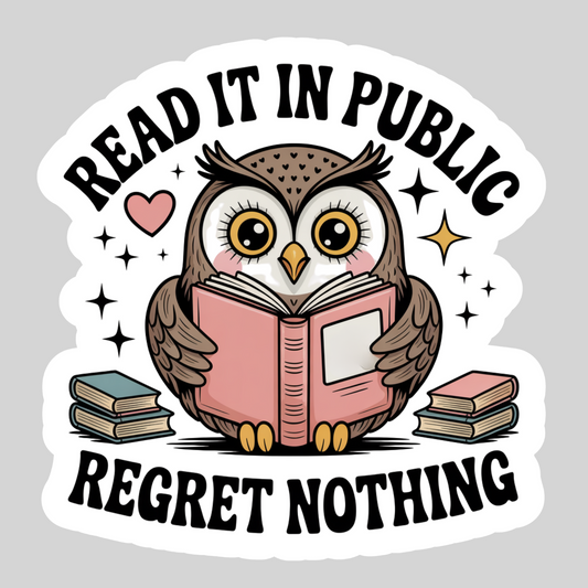 Read it IN Public Regret Nothing – 3" Waterproof Bookish Sticker with Holo Overlay – Reading, Books, Reader Gift, Book Lover