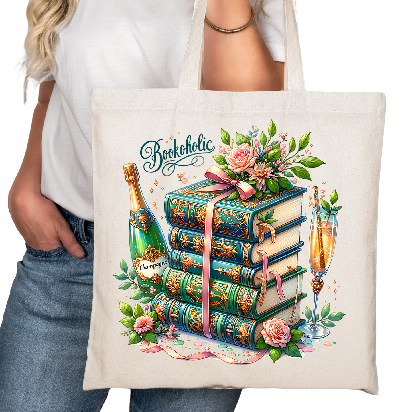 Bookaholic With Champagne Bookish Tote Bag – Funny Reading Tote for Book Lovers – Introvert Gift – Romance Reader Bag – Book Club Gift