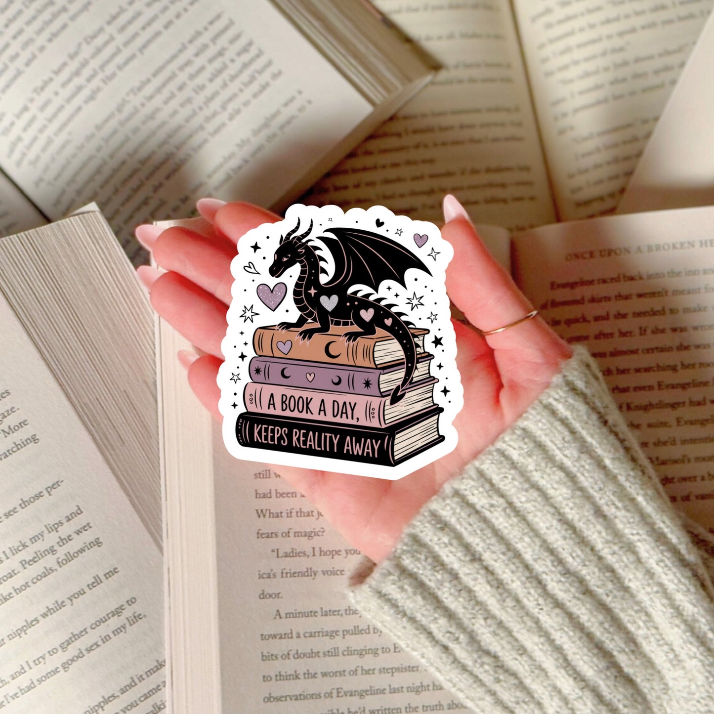 A Book A Day Keeps Reality Away Dragon – 3" Waterproof Bookish Sticker with Holo Overlay – Reading, Books, Reader Gift, Book Lover