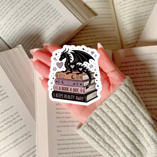 A Book A Day Keeps Reality Away Dragon – 3" Waterproof Bookish Sticker with Holo Overlay – Reading, Books, Reader Gift, Book Lover