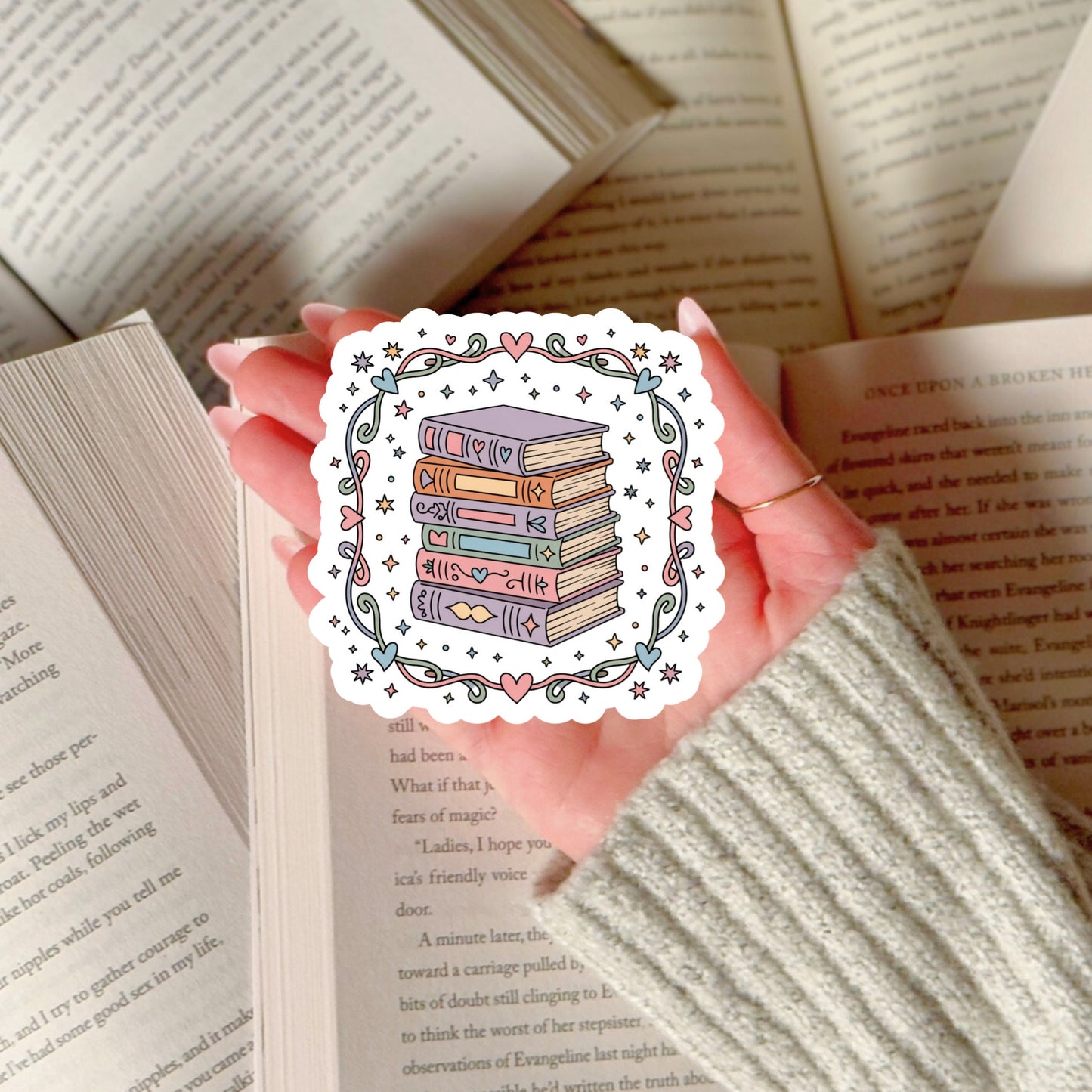Pretty Floral Bookstacks – 3" Waterproof Bookish Sticker with Holo Overlay – Reading, Books, Reader Gift, Book Lover