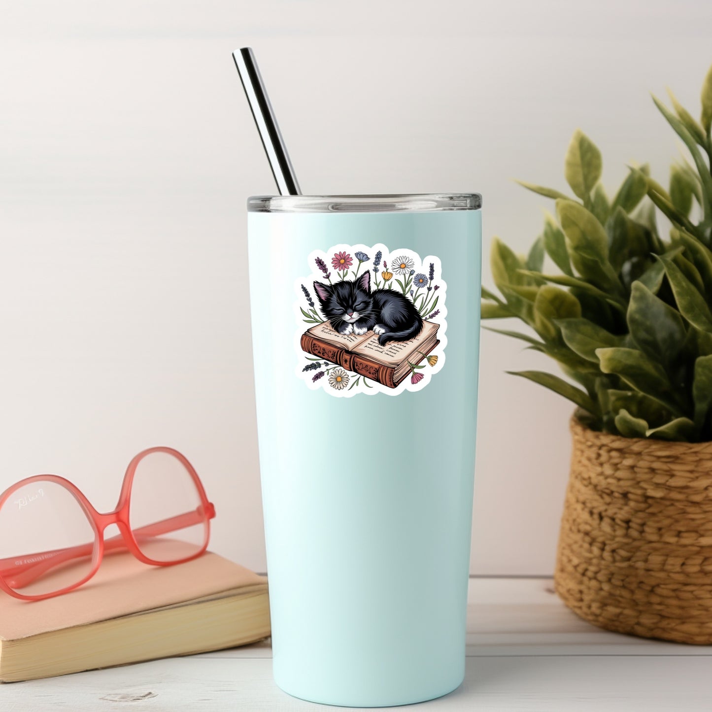 Black Cat Curled up on Books  – 3" Waterproof Bookish Sticker with Holo Overlay – Reading, Books, Reader Gift, Book Lover