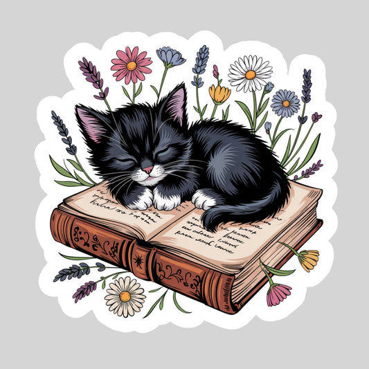 Black Cat Curled up on Books  – 3" Waterproof Bookish Sticker with Holo Overlay – Reading, Books, Reader Gift, Book Lover