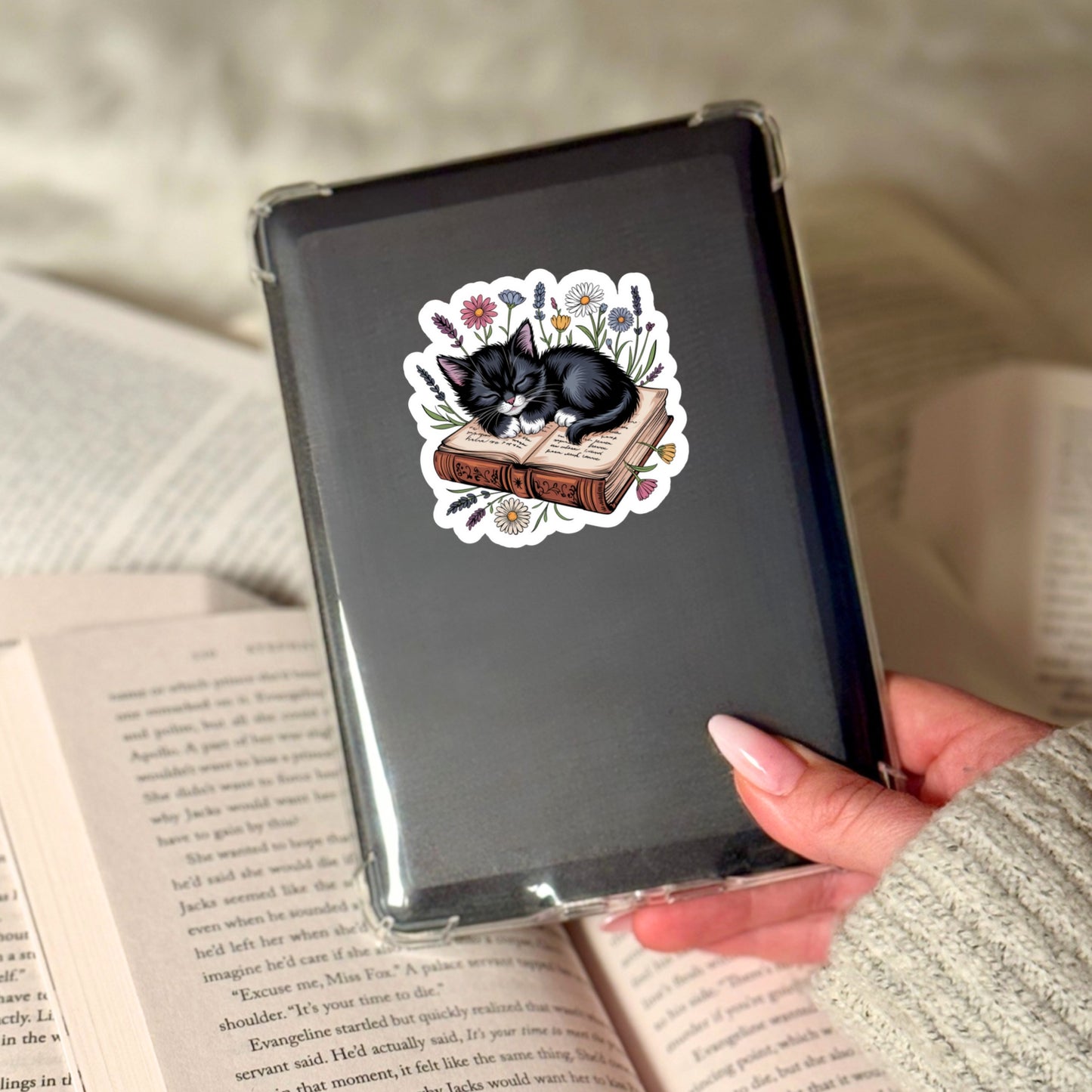 Black Cat Curled up on Books  – 3" Waterproof Bookish Sticker with Holo Overlay – Reading, Books, Reader Gift, Book Lover