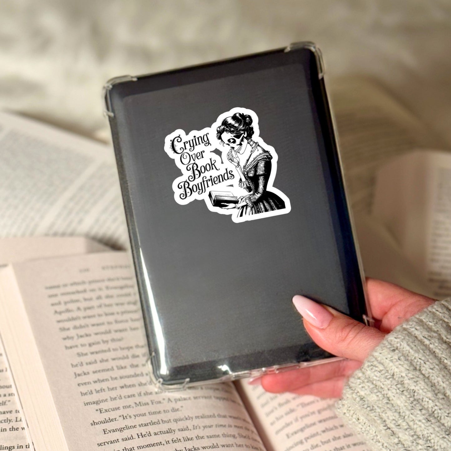 Cring Over Book Boyfriends Vintage Skeleton  – 3" Waterproof Bookish Sticker with Holo Overlay – Reading, Books, Reader Gift, Book Lover