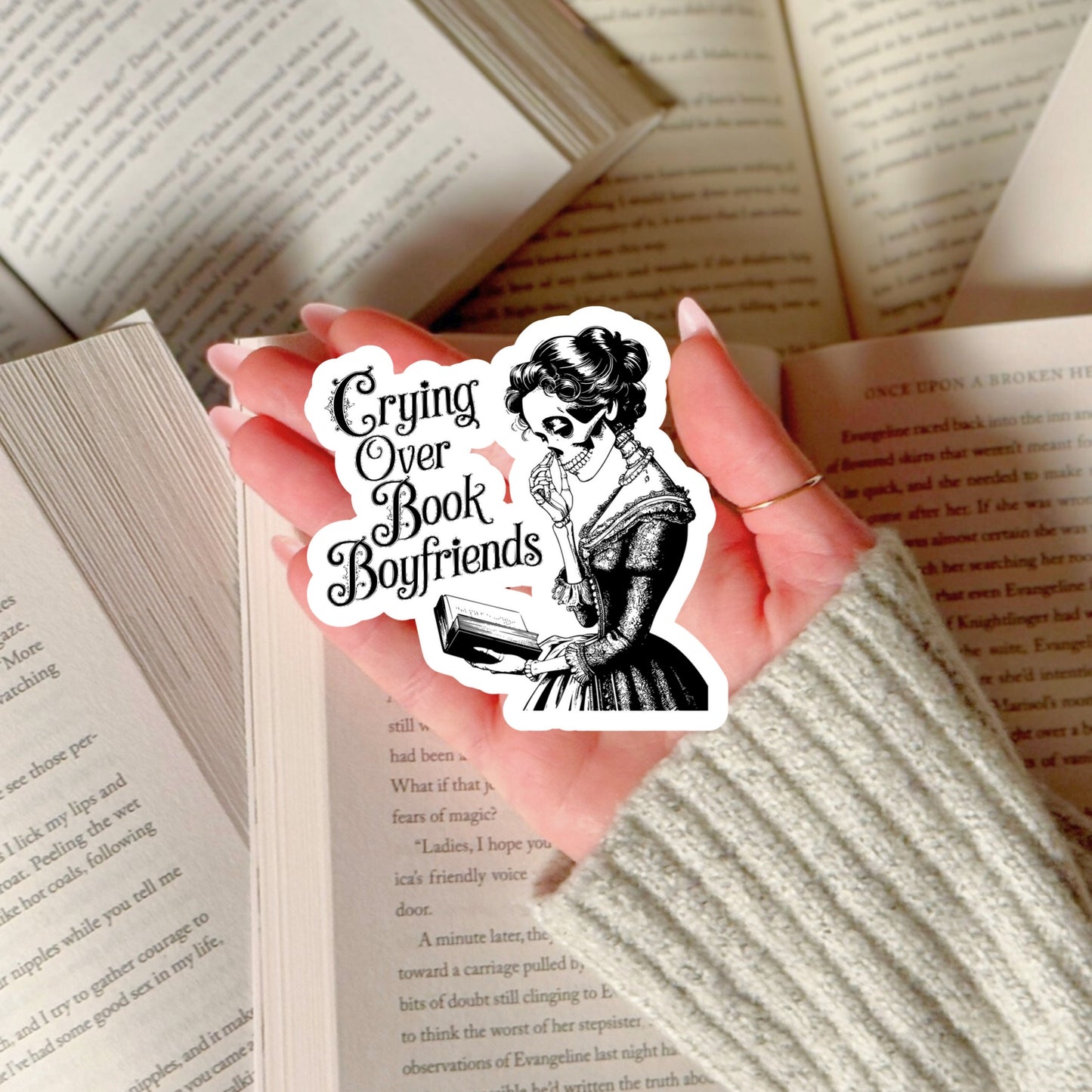 Cring Over Book Boyfriends Vintage Skeleton  – 3" Waterproof Bookish Sticker with Holo Overlay – Reading, Books, Reader Gift, Book Lover