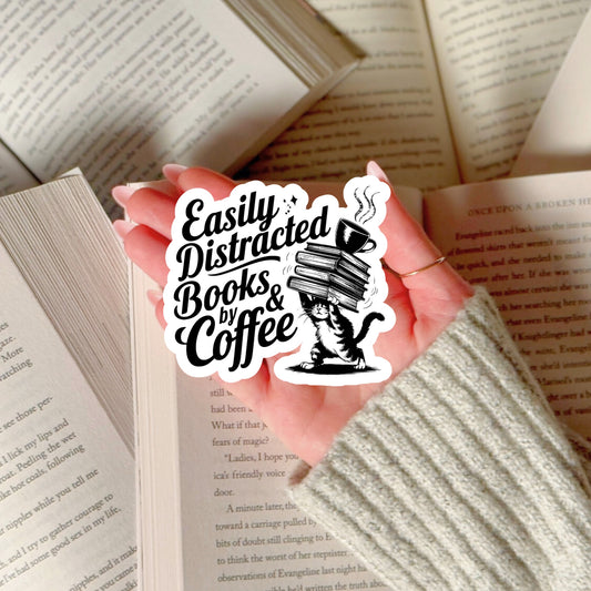 Easily Distracted by Books and Coffee – 3" Waterproof Bookish Sticker with Holo Overlay – Reading, Books, Reader Gift, Book Lover