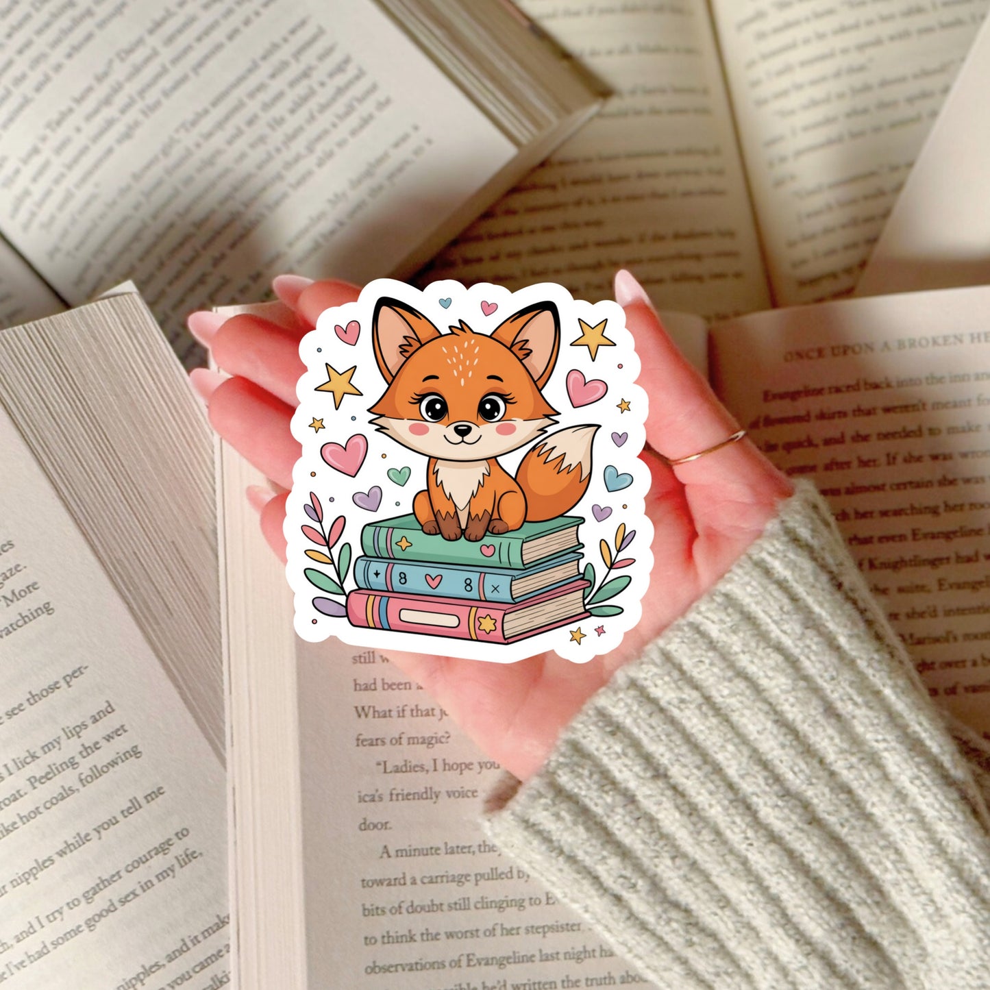 Cute Fox on Books – 3" Waterproof Bookish Sticker with Holo Overlay – Reading, Books, Reader Gift, Book Lover