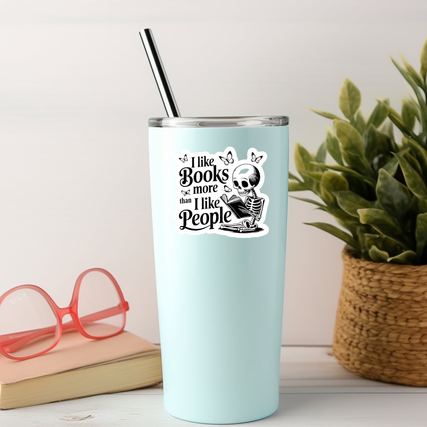 I Like Books More than People Funny Skeleton – 3" Waterproof Bookish Sticker with Holo Overlay – Reading, Books, Reader Gift, Book Lover