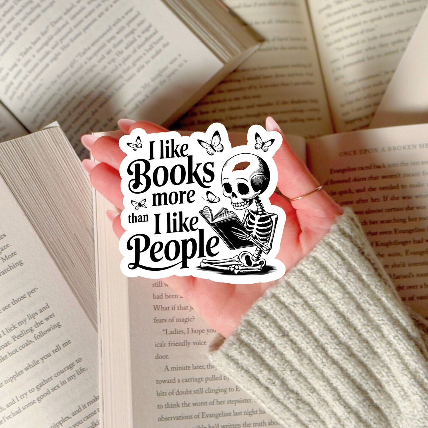 I Like Books More than People Funny Skeleton – 3" Waterproof Bookish Sticker with Holo Overlay – Reading, Books, Reader Gift, Book Lover