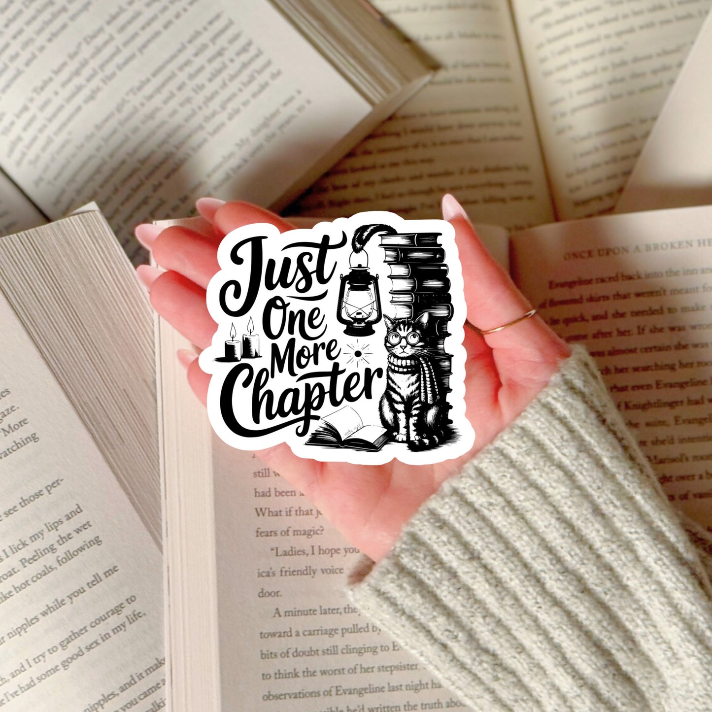 Just One More Chapter Book Stack – 3" Waterproof Bookish Sticker with Holo Overlay – Reading, Books, Reader Gift, Book Lover