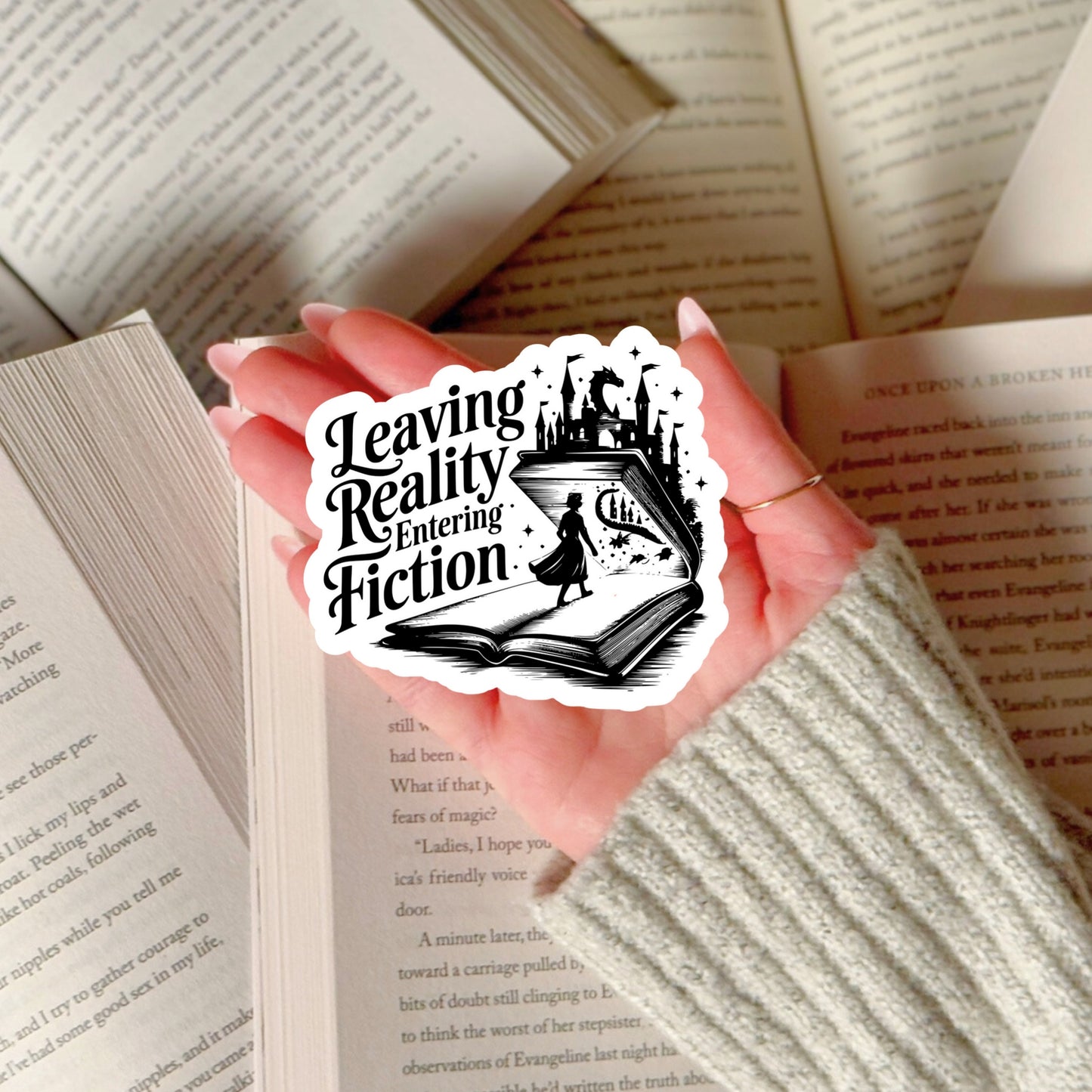 Leaving Reality Entering Fiction– 3" Waterproof Bookish Sticker with Holo Overlay – Reading, Books, Reader Gift, Book Lover