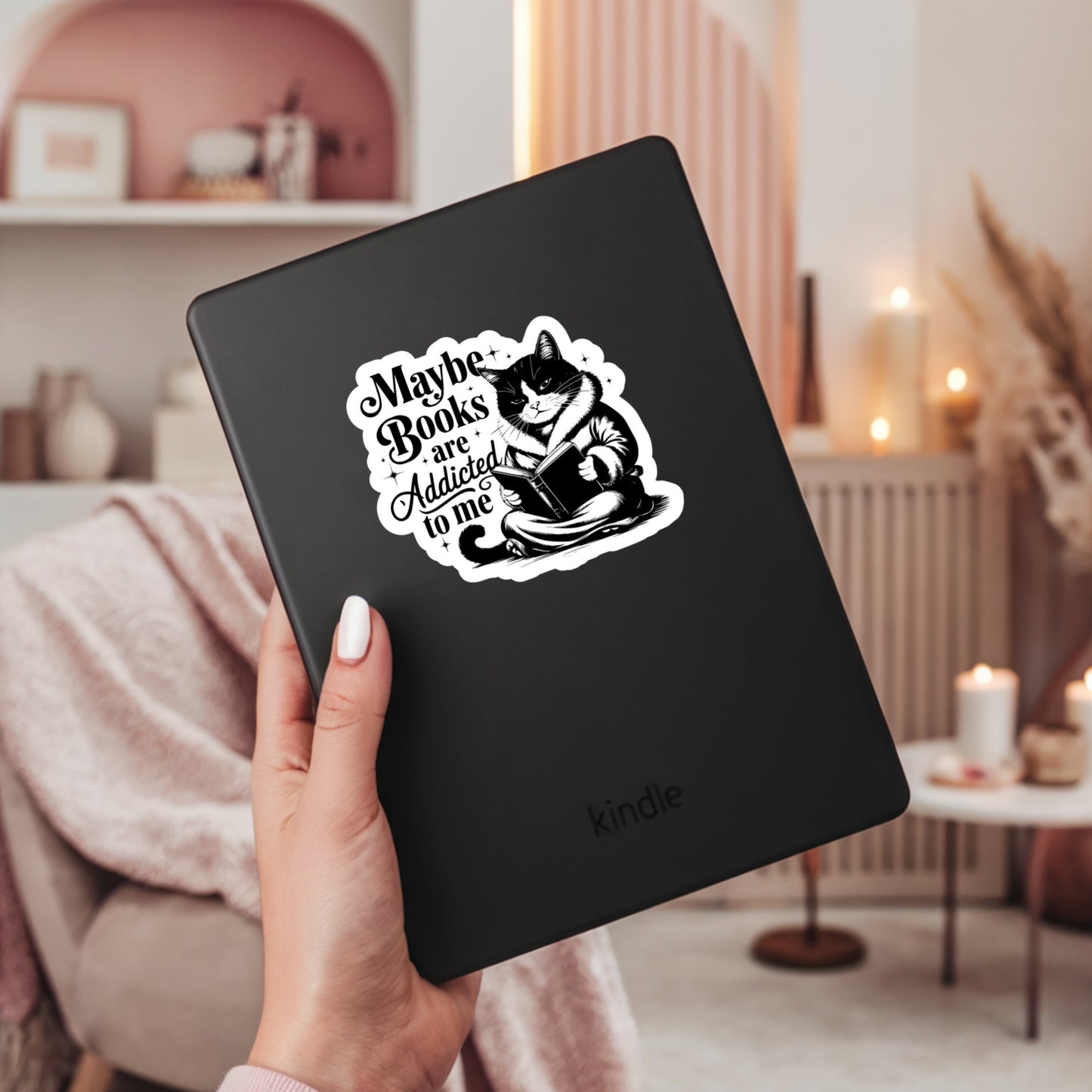 Maybe Books are Addicted to Me Reading Cat – 3" Waterproof Bookish Sticker with Holo Overlay – Reading, Books, Reader Gift, Book Lover