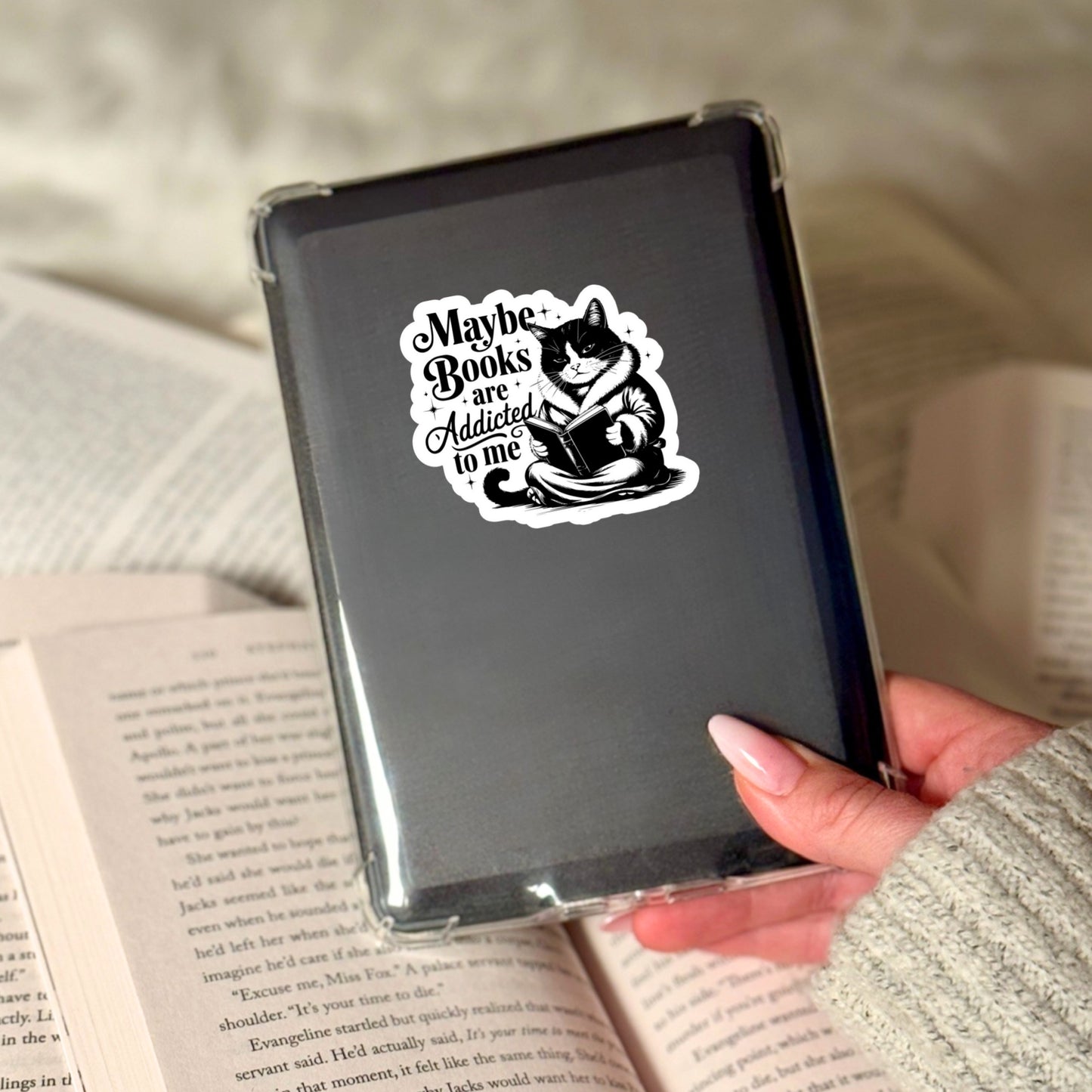 Maybe Books are Addicted to Me Reading Cat – 3" Waterproof Bookish Sticker with Holo Overlay – Reading, Books, Reader Gift, Book Lover