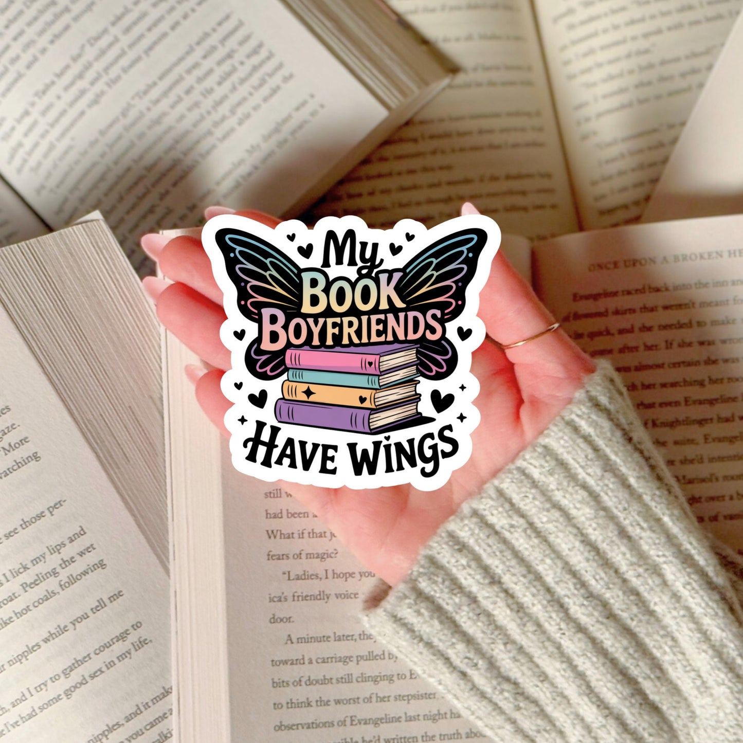 My Book Boyfriends Have Wings – 3" Waterproof Bookish Sticker with Holo Overlay – Reading, Books, Reader Gift, Book Lover