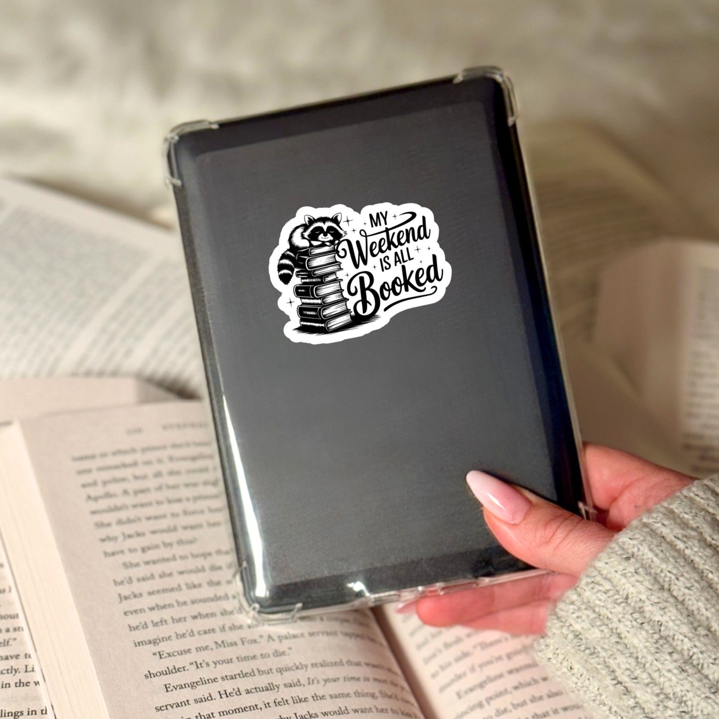 My Weekend is All Booked Racoon – 3" Waterproof Bookish Sticker with Holo Overlay – Reading, Books, Reader Gift, Book Lover