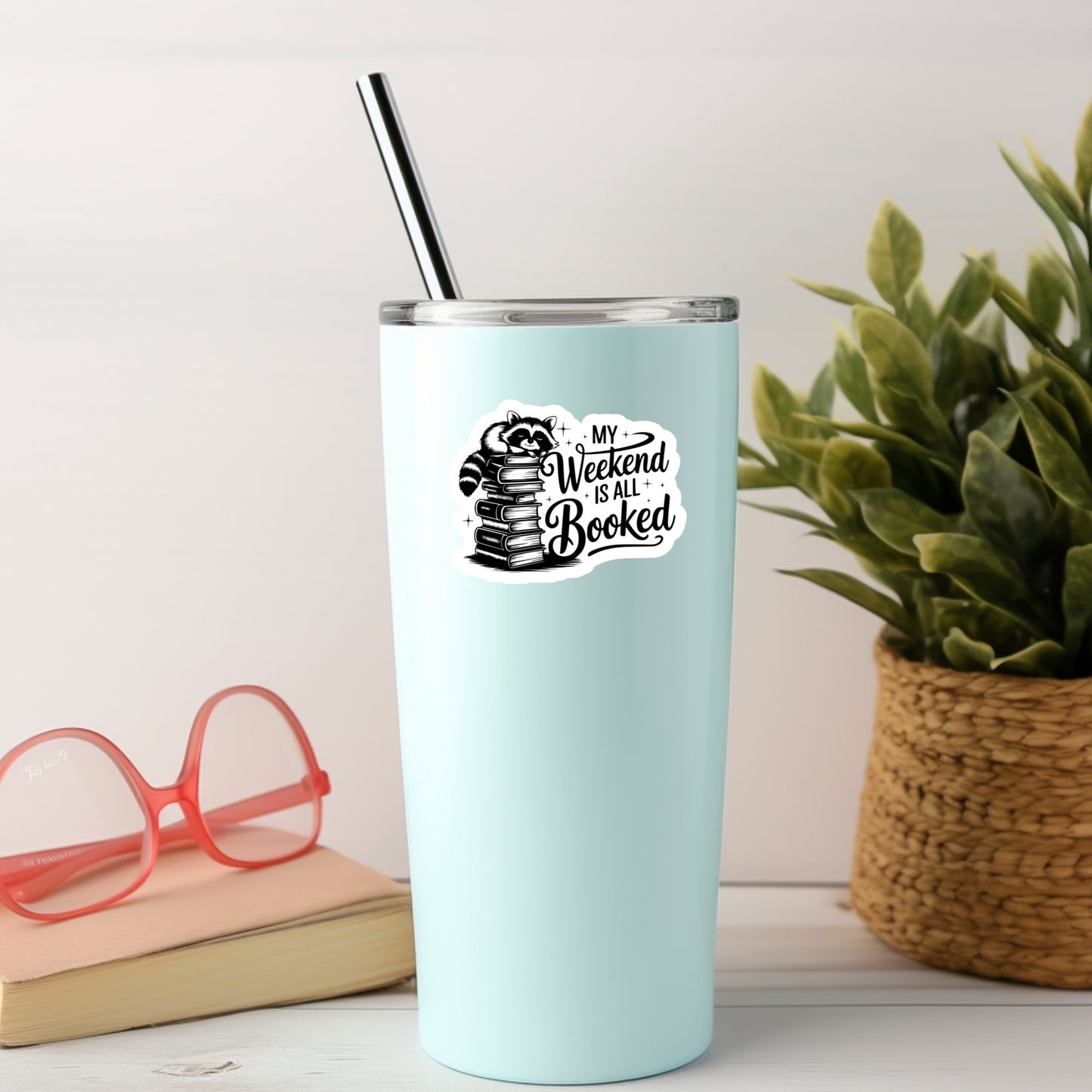 My Weekend is All Booked Racoon – 3" Waterproof Bookish Sticker with Holo Overlay – Reading, Books, Reader Gift, Book Lover