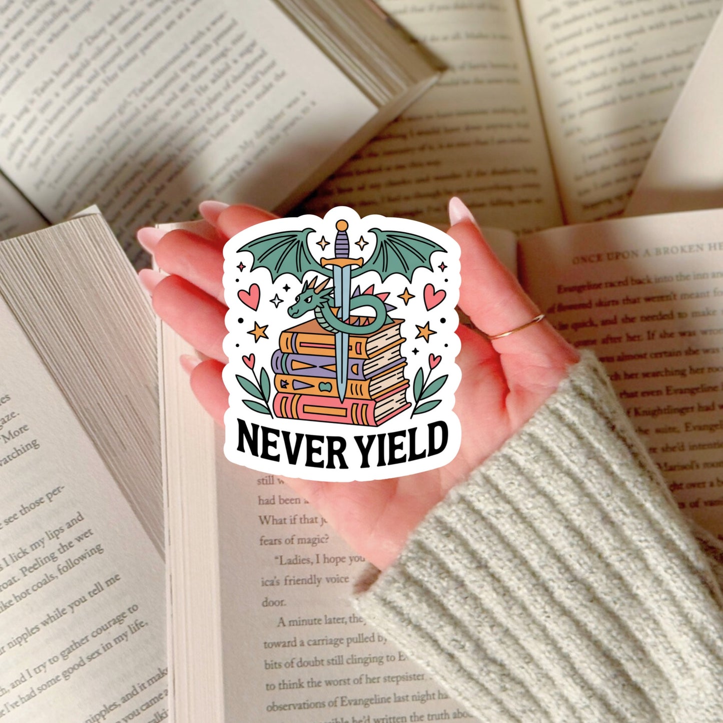 Never Yield Dragon Romantasy – 3" Waterproof Bookish Sticker with Holo Overlay – Reading, Books, Reader Gift, Book Lover